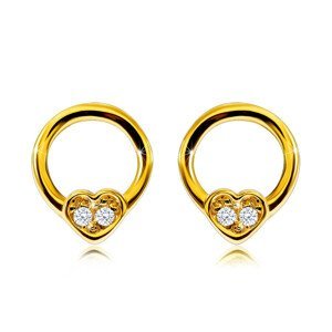 Diamantové náušnice ze žlutého 9K zlata - úzký kroužek s malým srdcem, kulaté diamanty