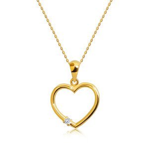 Briliantový náhrdelník ze 14K žlutého zlata - kontura srdce, kulatý diamant, tenký řetízek