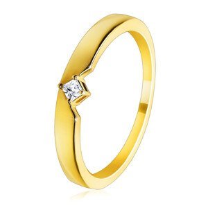 Zlatý prsten ze 14K zlata - s výřezem a vystupujícím čtvercovým zirkonem osazeným ve čtyřcípém kotlíku - Velikost: 49