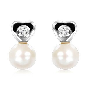 Diamantové náušnice z bílého 14K zlata - drobné srdce, čirý briliant, bílá perla