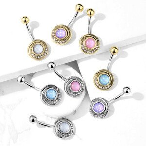 Piercing do pupíku z oceli - vypouklý kruh s čirými krystaly a barevným epoxidovým kamenem, různé barvy - Barva piercing: Zlatá - fialová