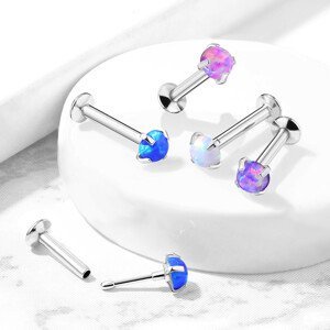 Zasouvací piercing do rtu, brady a ucha z oceli 316L - syntetický opál v kotlíku, 8 mm, různé barvy - Barva: Modrá