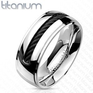 Široký titanový prsten - obroučka stříbrné barvy, točený pásek uprostřed - Velikost: 70