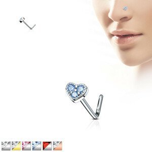 Zahnutý piercing do nosu z oceli – srdce zdobené zirkony, různé barvy - Barva zirkonu: Stříbrná - čirá