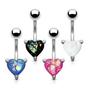 Ocelový piercing do břicha stříbrné barvy - barevné srdce s imitací opálu - Barva: Bílá