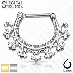 Piercing do nosní přepážky z chirurgické oceli - kulatý segment s ornamenty, zapínání na patentku - Barva: Stříbrná