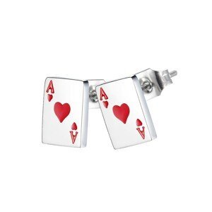 Puzetové náušnice z oceli 316L - motiv hracích karet, srdcové eso s červenou glazurou