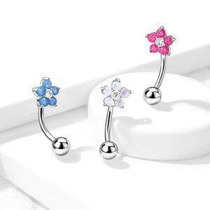 Zahnutý piercing do obočí z oceli - barevný květ se syntetickým opálem, čirý zirkon - Barva: Bílá