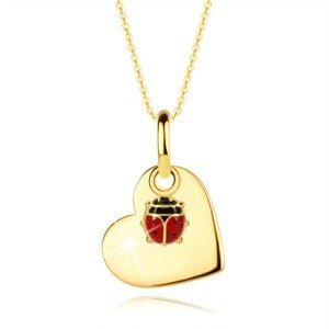 Zlatý 14K náhrdelník - ploché srdce, drobná beruška s červenými křídly