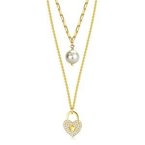 Stříbrný náhrdelník 925 - zlatá barva, bílá syntetická perla, řetízek ve tvaru srdce, čiré zirkony