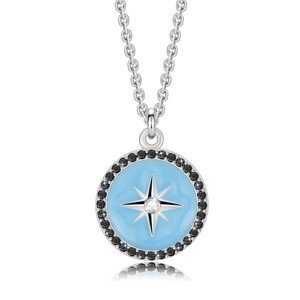 Stříbrný náhrdelník 925 - světle modrý kompas s kubickými zirkony a růžicí, černé zirkony