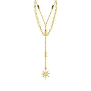 Dvojitý stříbrný náhrdelník 925 - zlatá barva, hvězda ze zirkonů, zploštělé ovály, nastavitelný