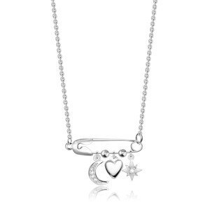 Stříbrný 925 náhrdelník - zavírací špendlík , půlměsíc, hladké srdce, hvězda, zirkony