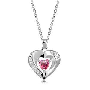 Stříbrný náhrdelník 925 - obrys srdce, růžový srdíčkový zirkon, nápis "LOVE YOU MOM"