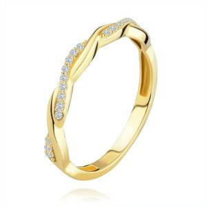 Prsten ze žlutého 14K zlata - propletené hladké a zirkonové vlnky - Velikost: 52
