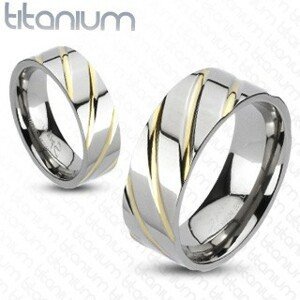Titanový prsten - stříbrný, zlaté proužky - Velikost: 69