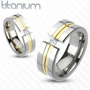 Prsten z titanu - dva zlaté pásy, zirkon - Velikost: 51