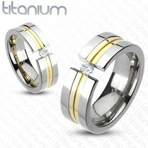 Prsten z titanu - dva zlaté pásy, zirkon - Velikost: 66