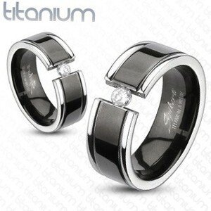 Prsten z titanu - černý pás, zirkon - Velikost: 57