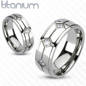 Titanový prsten - kosočtverce, vsazené zirkony - Velikost: 55