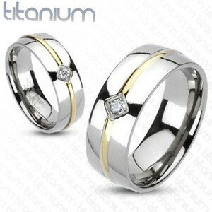 Titanový prsten - zlatý pásek, zirkon - Velikost: 49
