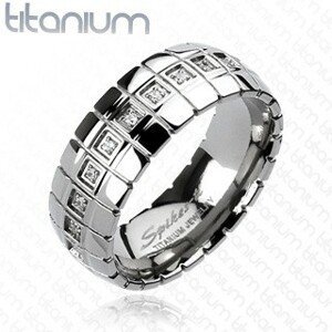 Titanový prsten - zirkonový pás, vertikální linky - Velikost: 60