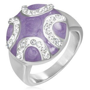 Ocelový prsten - vypouklý fialový kruh, zirkonové půlměsíce - Velikost: 52