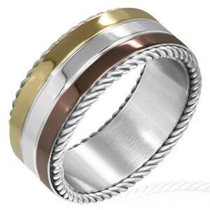 Trojbarevný prsten z oceli - točené lanko na okraji - Velikost: 57
