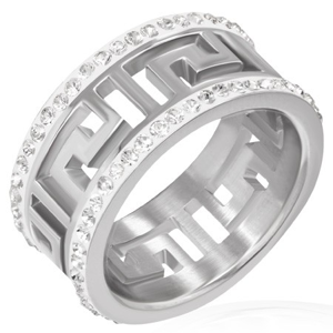 Lesklý ocelový prsten s výřezem - řecký symbol, zářivé pásy - Velikost: 61