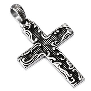 Ocelový přívěsek - kříž s potiskem a ornamentem