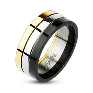 Lesklý tříbarevný prsten z oceli - Velikost: 60