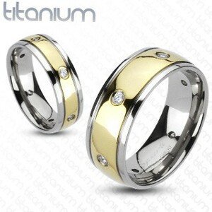 Dvoubarevný titanový prsten - šest zirkonů - Velikost: 49