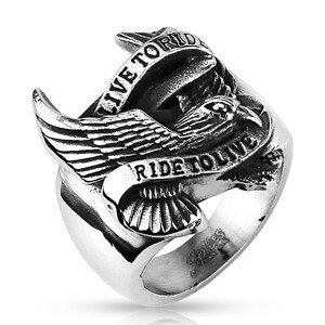 Prsten z oceli s motivem orla a nápisem - Velikost: 60