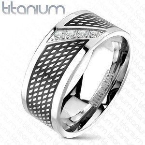 Prsten z titanu - černá a stříbrná barva, zirkony v diagonální linii - Velikost: 59