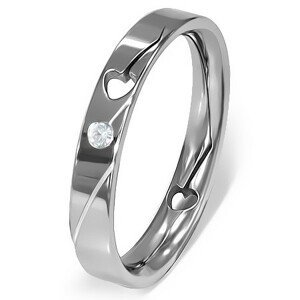 Prsten z oceli - vyřezané srdíčko, čirý zirkon - Velikost: 49
