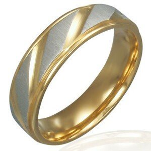 Prsten z oceli - zlato-stříbrný, diagonální rýhování - Velikost: 60