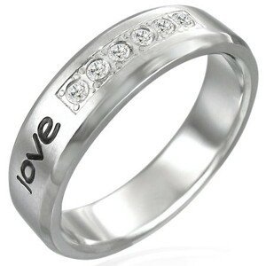 Ocelový prsten - nápis "love", šest zirkonů - Velikost: 52