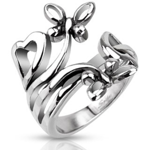Ocelový prsten s motivy srdcí a motýlů - Velikost: 52
