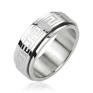 Ocelový prsten - otáčivý střed, řecký klíč, stříbrná barva - Velikost: 58
