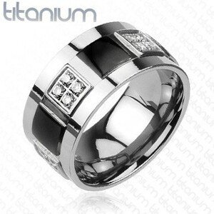 Titanový prsten zdobený zirkony a černými čtverci - Velikost: 59