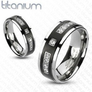 Prsten z titanu s matným černým pruhem a kamínky - Velikost: 53