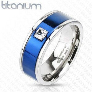 Titanový prsten s modrým pruhem a čtvercovým zirkonem - Velikost: 60