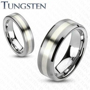 Wolframový prsten - matný šedý se stříbrným pásem - Velikost: 62, Šířka: 8 mm