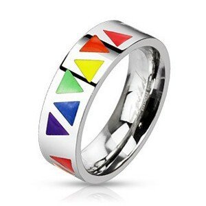 Ocelový prsten s barevnými trojúhelníky na stříbrném podkladu - Velikost: 49