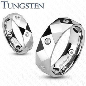 Prsten z wolframu s kosočtverci, trojúhelníky a zirkony - Šířka: 6 mm, Velikost: 62