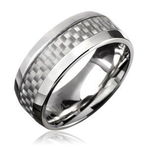 Prsten z oceli - obroučka, bílý karbonový pás - Velikost: 57