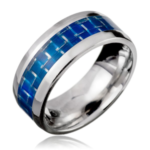 Prsten z oceli - modrý pás, efekt karbonového vlákna - Velikost: 58