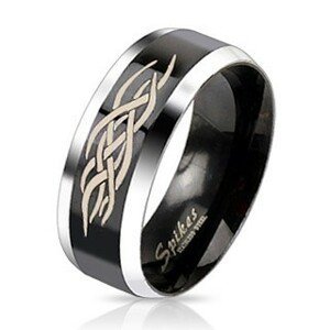 Ocelový prsten - černý pás s ornamentem - Velikost: 67