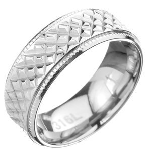 Ocelový prsten - obroučka se šikmým rýhováním a vroubkovaným lemem - Velikost: 59