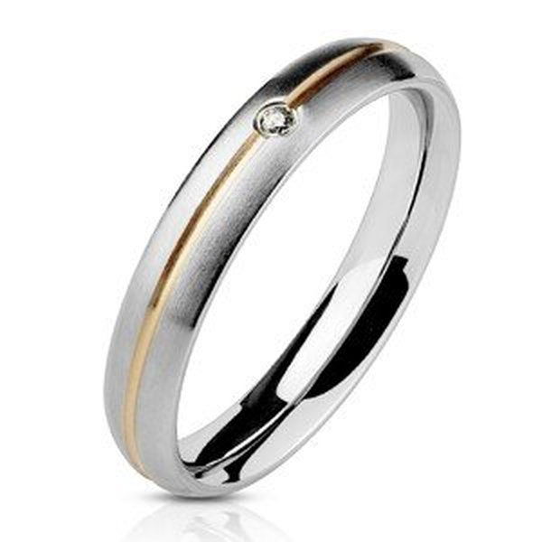 Ocelový prsten - stříbrný, zlatá středová rýha a zirkon - Velikost: 60